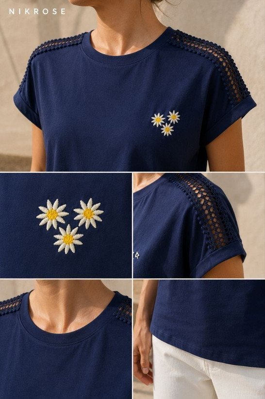 تیشرت یقه گرد گلدوزی سرشانه تور